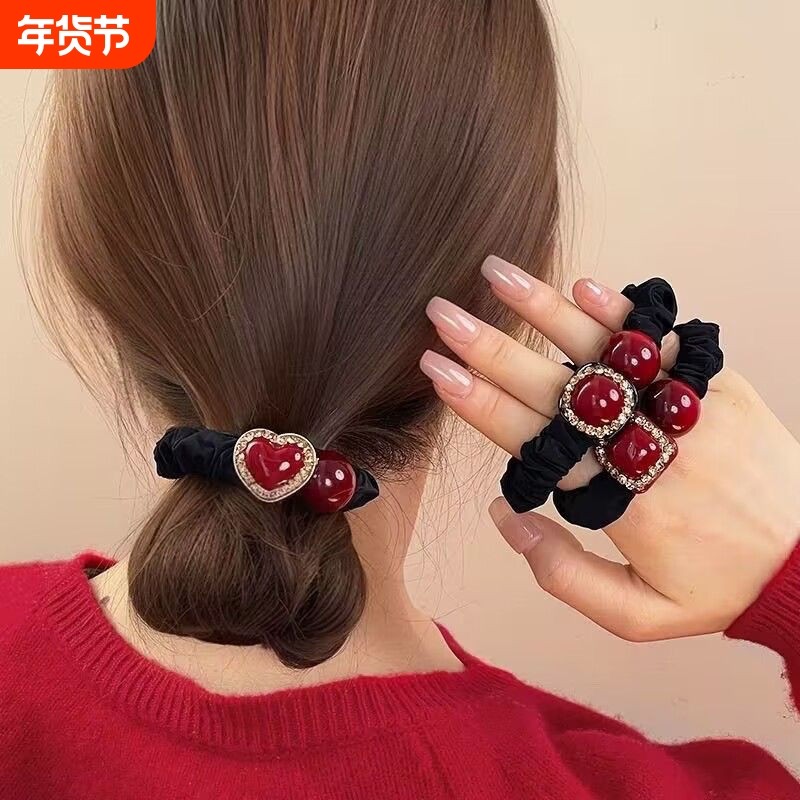 韩版高档红色爱心小肠发圈女网红扎丸子头马尾发绳2025年新款头饰