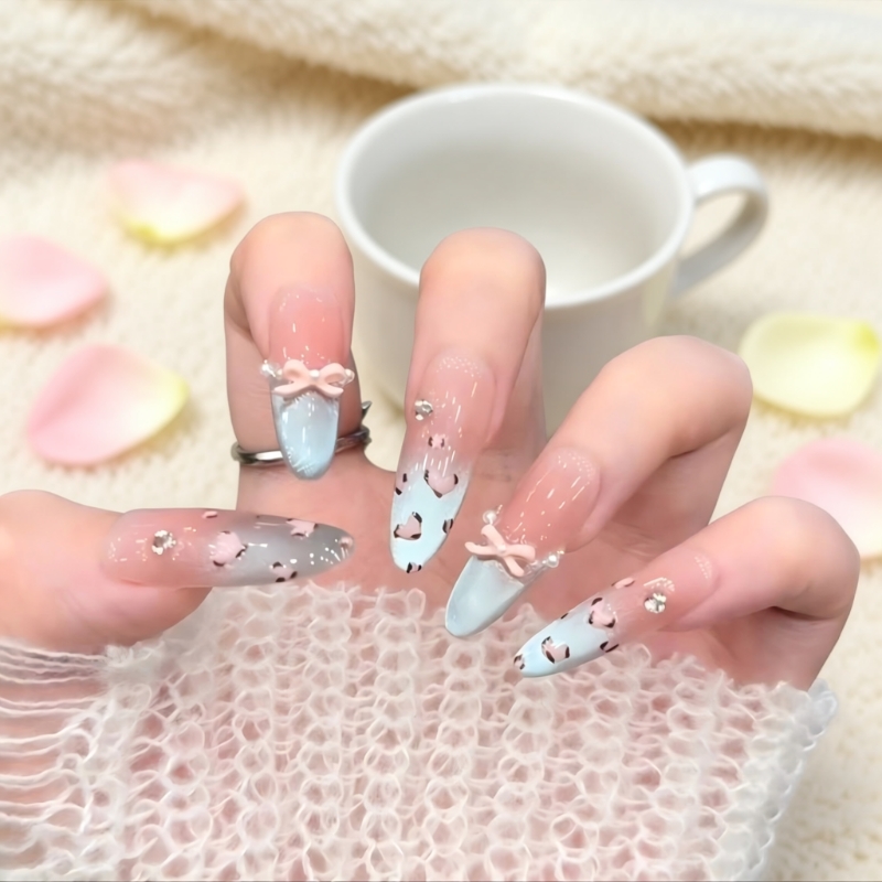 送收纳盒手工穿戴甲海盐豹纹猫眼渐变美甲法式中长款蓝色蝴蝶结