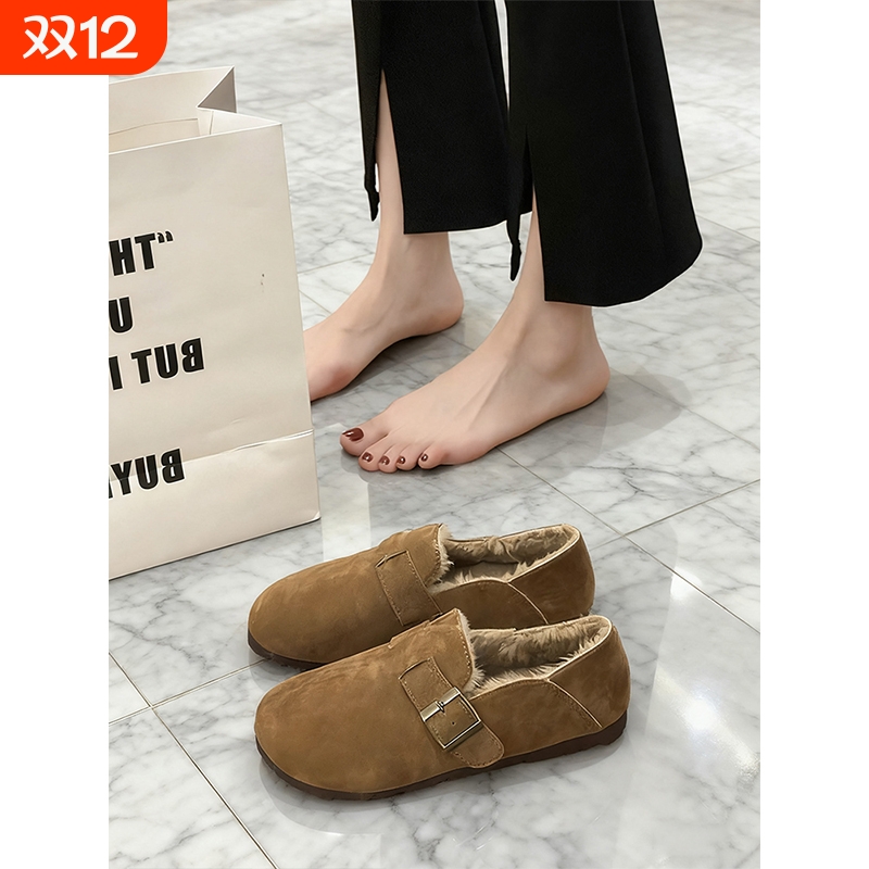 加绒保暖勃肯鞋女鞋2025新款冬季平底一脚蹬豆豆鞋毛毛鞋博肯棉鞋