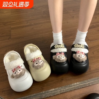毛毛可爱厚底加绒洞洞鞋女2025秋冬季外穿增高保暖棉鞋包头半拖鞋