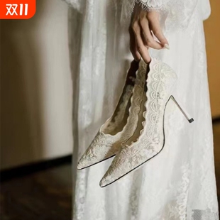 白色细跟刺绣蕾丝秀禾新娘鞋 女2025年春秋新款 尖头精品 婚鞋 高跟鞋