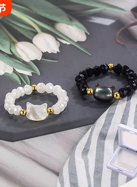 爆款可爱猫咪串珠戒指女黑白猫头食指戒闺蜜女友指环手工