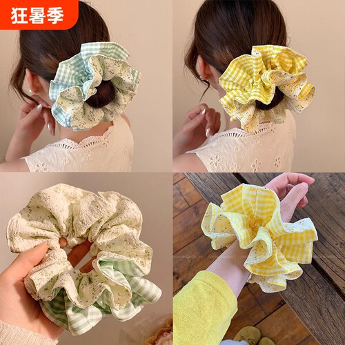 森系高级感大号黄色碎花双层发圈女新款丸子头发绳头绳绿色蓝色
