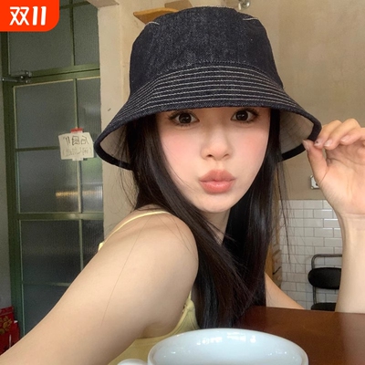 显脸小渔夫帽子女2025遮阳百搭牛仔蓝防晒新款盆帽潮大檐可折叠