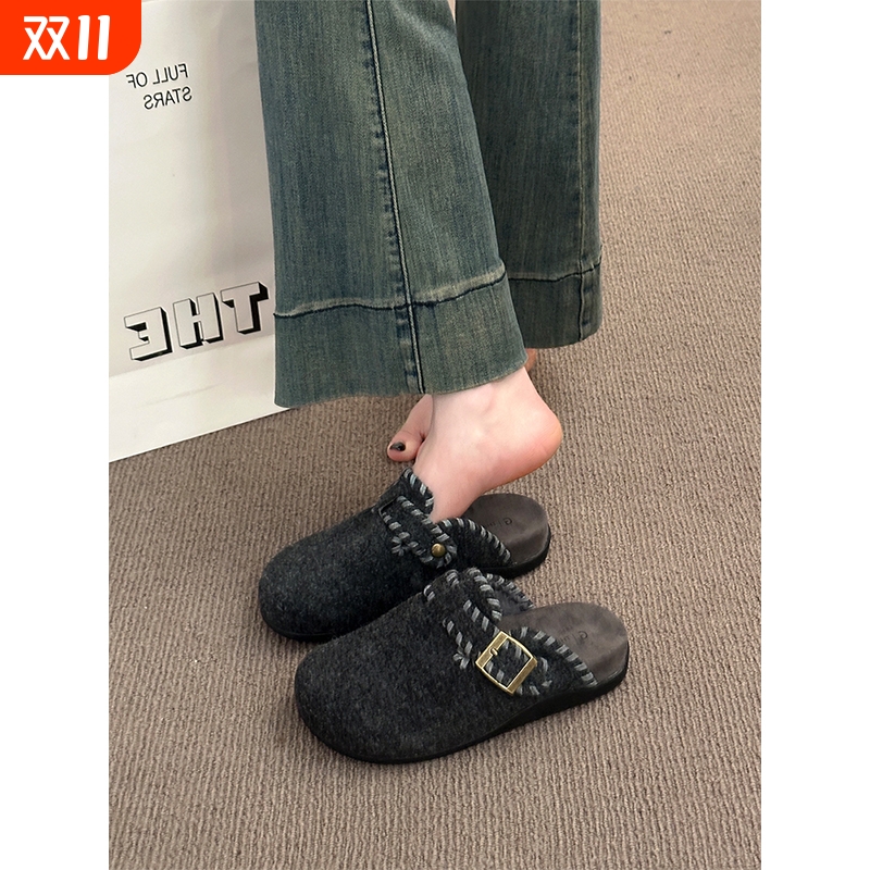 复古呢子包头半拖鞋女外穿2025秋冬新款一脚蹬厚底灰色毛毡勃肯鞋