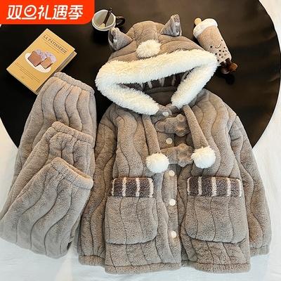 三层夹棉加厚睡衣女款秋冬季