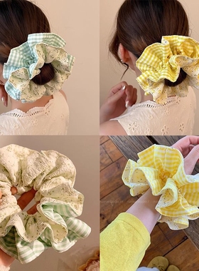 大号黄色碎花格子大肠双层发圈女新款丸子头发绳森系甜美马尾头绳