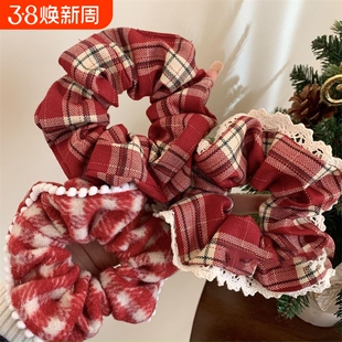 红色蕾丝格子大肠发圈女高级感新年圣诞氛围感韩系头绳发绳头饰品