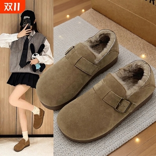 厚底全包勃肯女鞋豆豆鞋加绒2025新款冬季一脚蹬毛毛鞋博肯棉鞋子