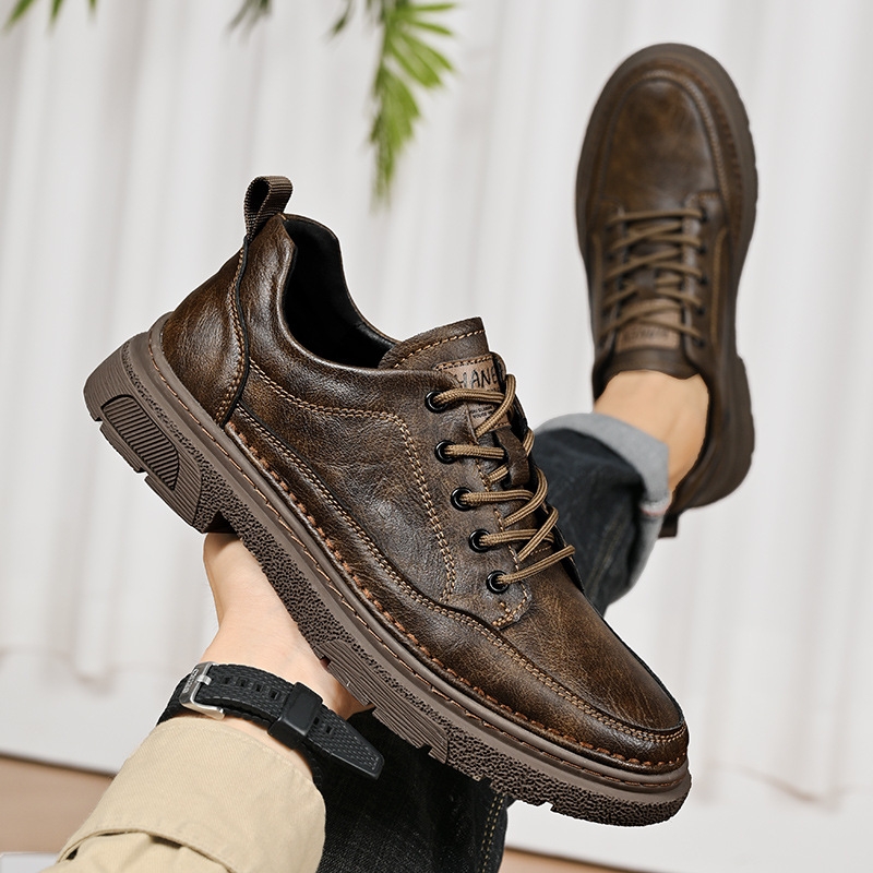 跨境大码复古风潮流休闲皮鞋男士耐磨皮面平底鞋户外时尚马丁鞋