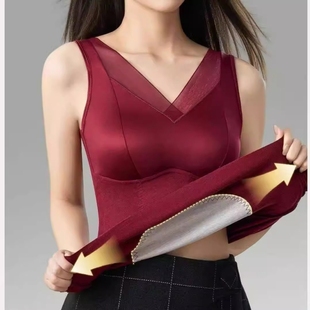 蕾丝网纱缎面女士内衣免穿文胸一体式 打底背心女内搭羊毛聚拢 修身