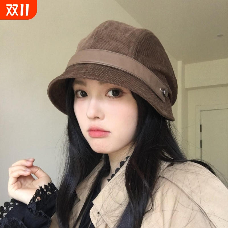 2025秋冬新款灯芯绒卷边渔夫帽子女日系复古时髦妈妈帽护耳保暖帽