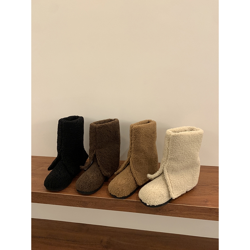网红圆头开叉羊羔毛毛内增高雪地靴2025冬季新款时尚短靴保暖棉鞋