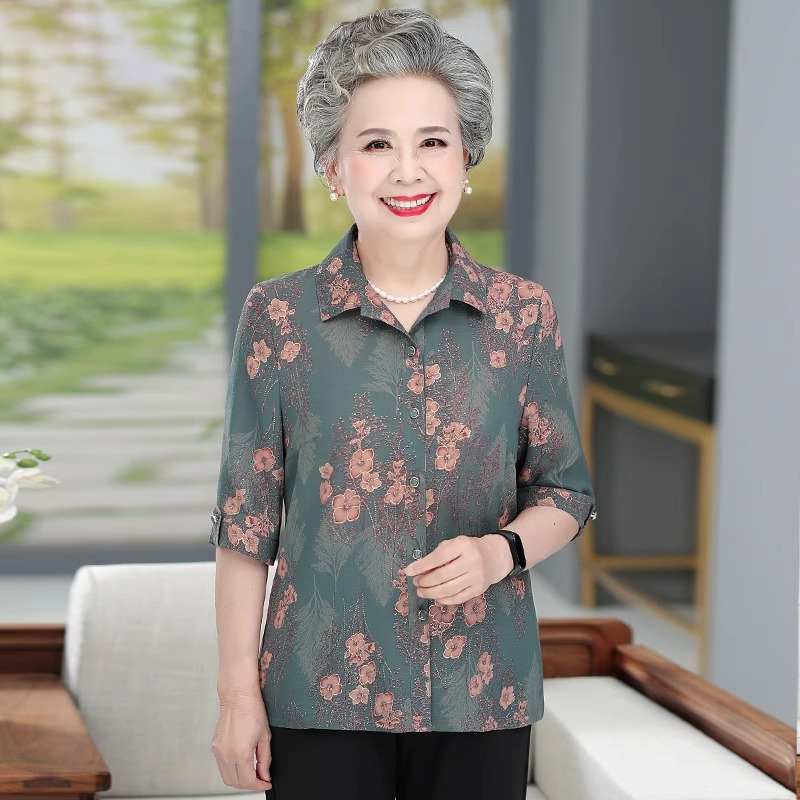 老年人夏装女衬衫短袖奶奶套装老太太老人衣服中老年妈妈春装衬衣
