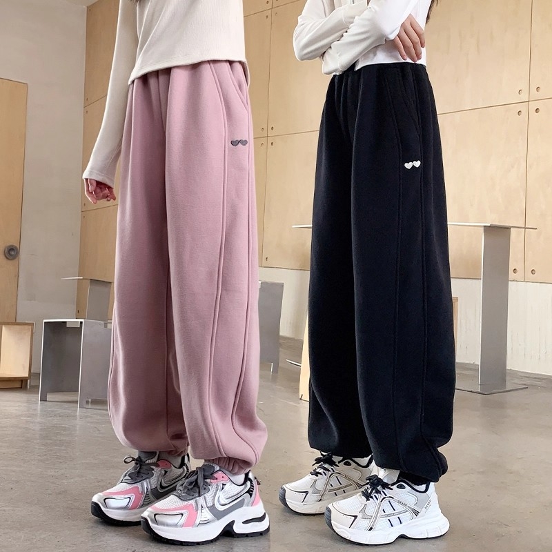 女童卫裤秋冬款2025儿童女孩加绒黑色裤子大童秋季休闲运动裤粉色
