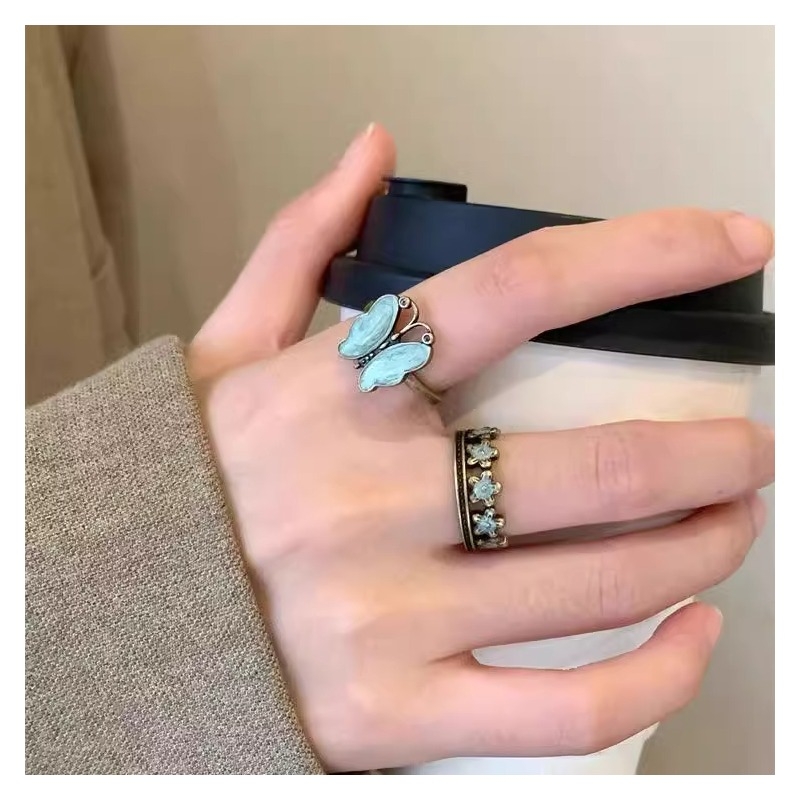 vintage中古小众高级感蝴蝶戒指女个性设计轻奢滴釉蓝绿独特配饰