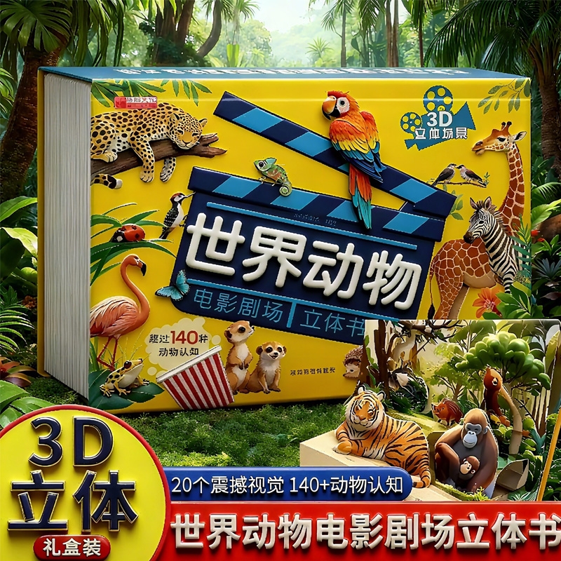 抖音同款世界动物电影剧场3D立体自然揭秘儿童科普立体书3-6岁百科全书翻翻书幼儿启蒙早教认知绘本故事书看图片认动物阅读小秘密