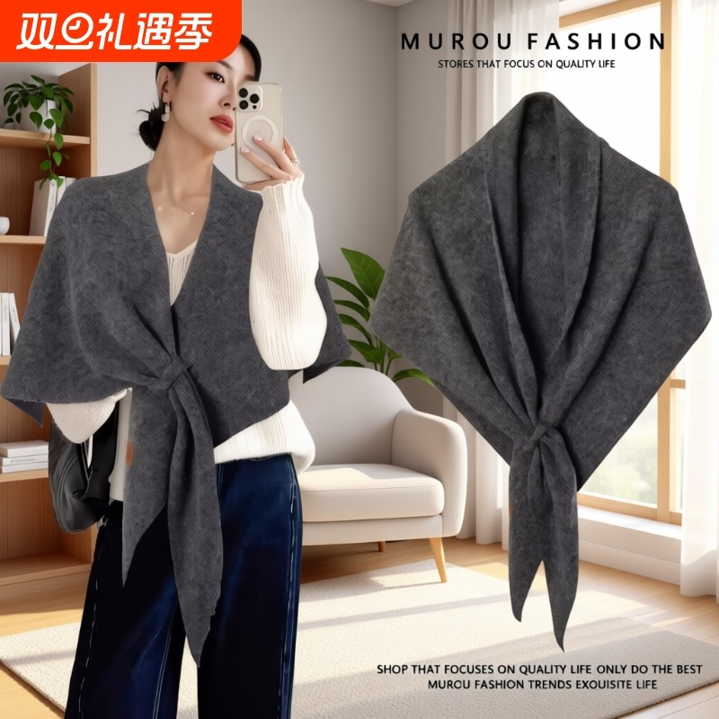 三角围巾女秋冬护颈保暖围脖大披肩外搭红色灰色黑色白色薄款酒红