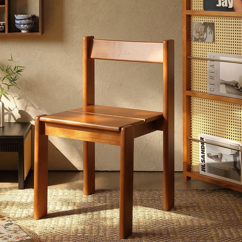 中古风实木餐椅家用靠背椅子方的可叠放吃饭餐桌椅樱桃木软包餐厅