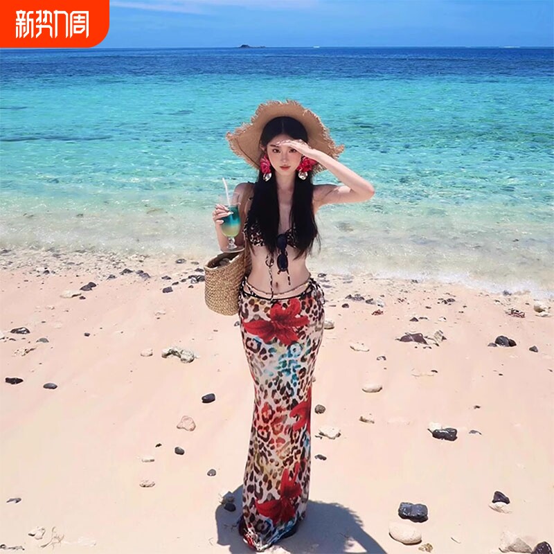 新款性感辣妹豹纹印花图案欧美系绳三点式比基尼分体泳衣沙滩度假