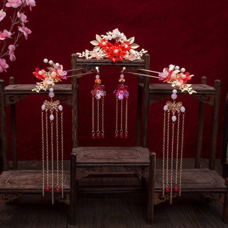 红色汉服发饰女全套流苏步摇头饰簪子发簪发冠唐装古风发髻仙