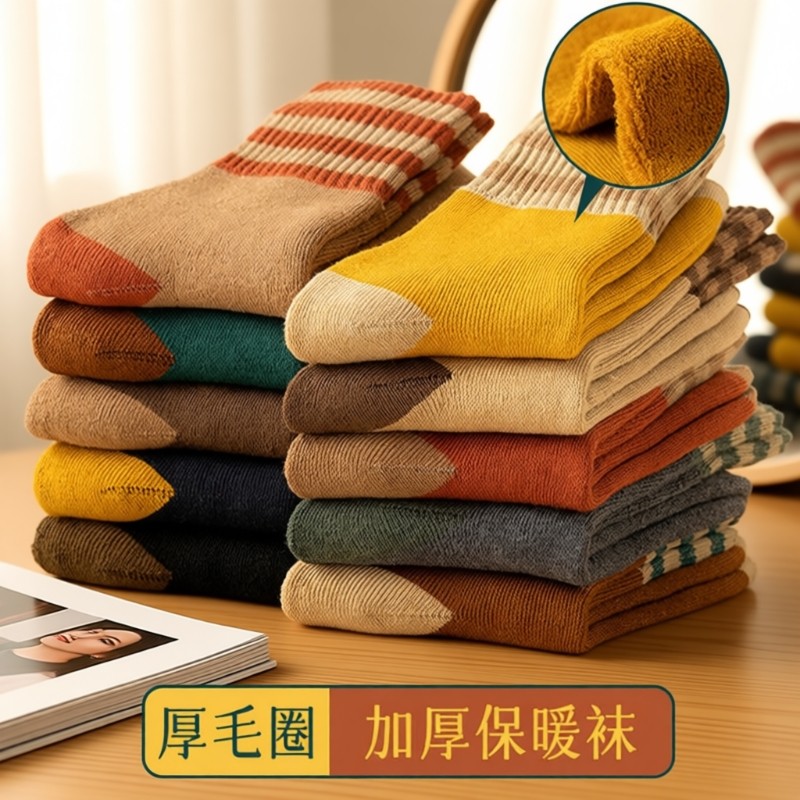 冬天女士袜子中筒袜秋冬季长筒袜毛圈袜加厚加绒保暖厚月子袜吸汗