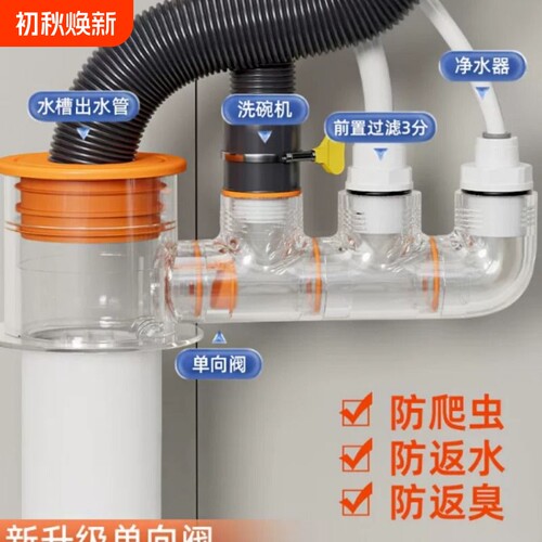 厨房下水管净水器三通接头水槽洗菜盆洗碗机排水管三通头防臭神器
