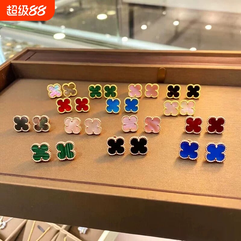 红玉髓18k玫瑰金四叶草耳钉女轻奢高级感耳环耳拍贝母黄金红玛瑙