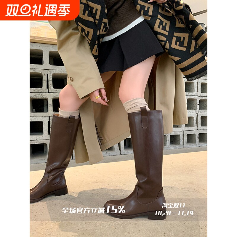 FairyWin k 女神靴～！显瘦粗跟大筒围直筒骑士靴女圆头粗跟长靴
