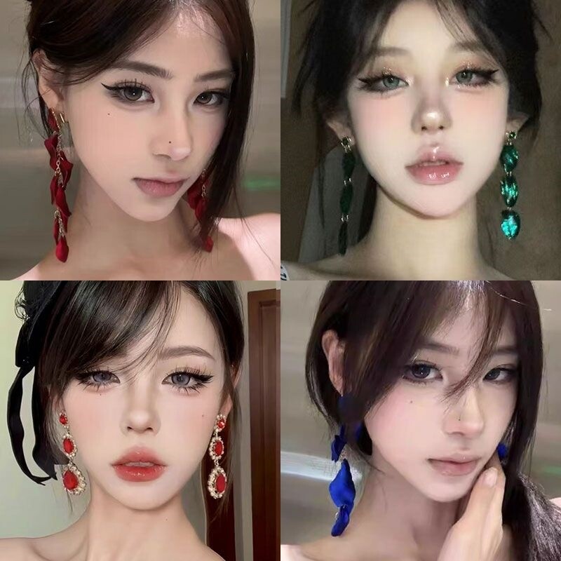 复古红色花瓣流苏耳环小众高级玫瑰气质长款花朵耳坠夸张耳钉耳饰