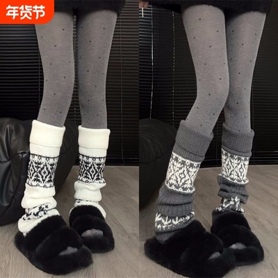 费尔岛秋冬针织袜套圣诞雪花堆堆袜中筒小腿袜保暖腿套y2k白色