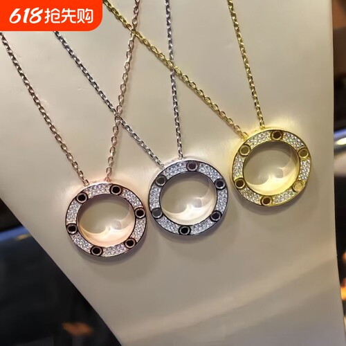 高级感LOVE项链大饼满钻双环锁骨链情侣款礼物玫瑰金白金钉子金色