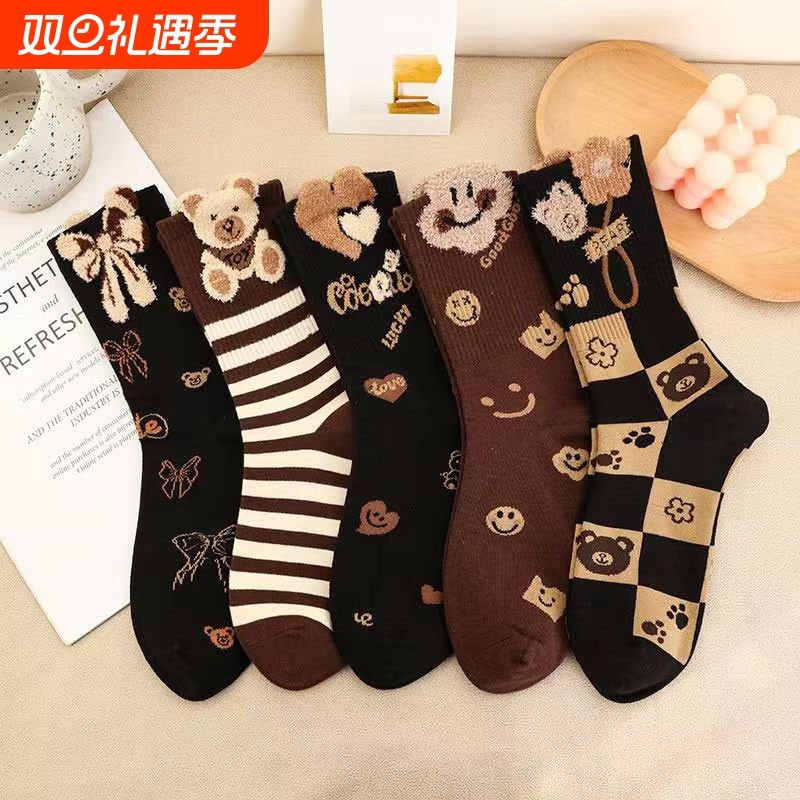 植绒可爱小熊秋冬袜子女款2025新款爆款中筒袜保暖美拉德月子长袜