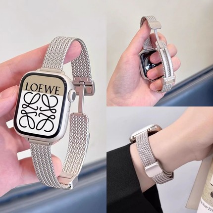 适用苹果手表表带AppleWatch麦穗磁吸卡扣S10不锈钢表带iwatchS9新款金属s8高级感小众小蛮腰细款SE代女夏天