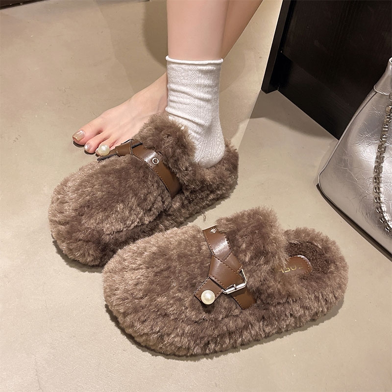 好看厚底一脚蹬毛毛半拖鞋女冬季加绒保暖毛绒2025新款棉拖鞋外穿