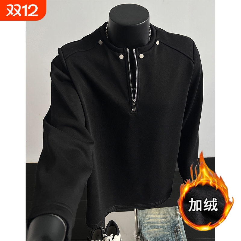 加绒黑色半拉链垫肩上衣男士潮流美式圆领长袖T恤痞帅青少年体恤