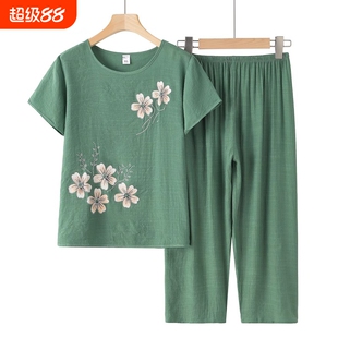 妈妈夏装奶奶套装中老年女装棉麻短袖宽松洋气老人夏天衣服两件套