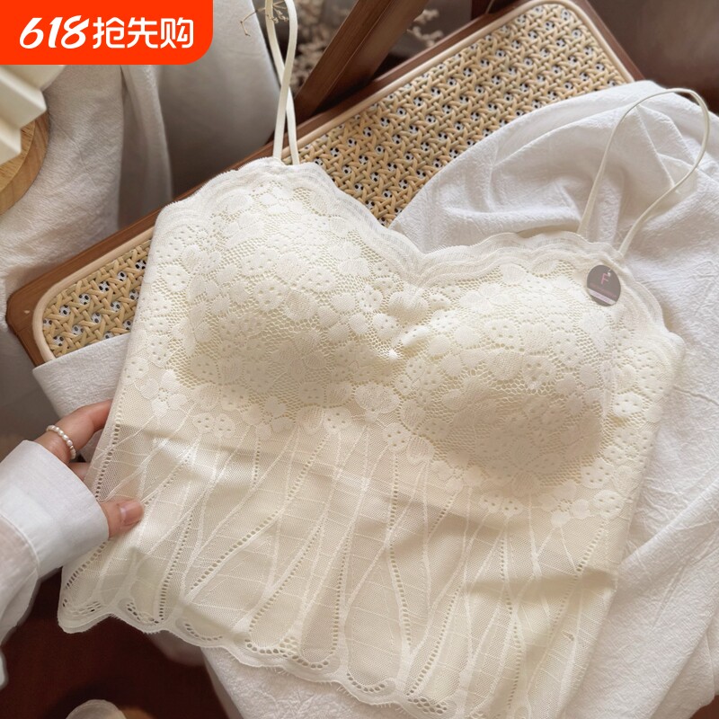 法式打底吊带背心美背抹胸式蕾丝内衣女文胸内搭性感固定黑色喵喵