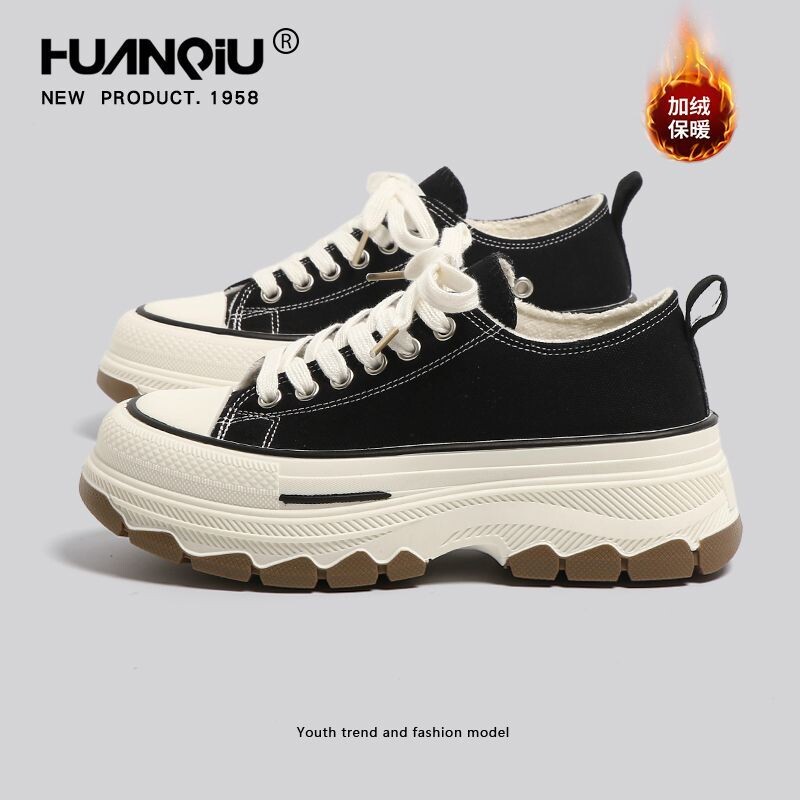 环球黑色加绒保暖帆布鞋女2025新款冬季运动休闲板鞋厚底增高女鞋