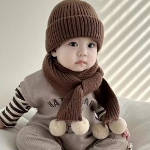 宝宝帽子围巾秋冬季婴儿两件套装保暖针织帽0-1-2到3岁儿童毛线帽
