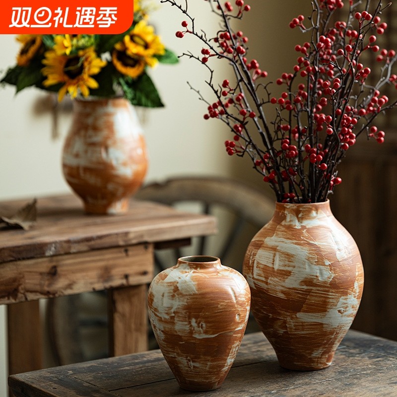 景德镇禅意陶瓷花瓶粗陶瓶插鲜花复古怀旧手工民宿酒店侘寂风摆件