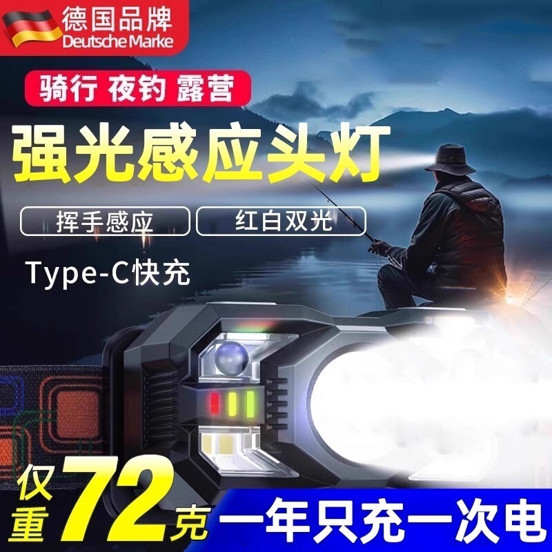 德国夜钓鱼专用头灯2025新款强光感应户外超长续航100小时头戴