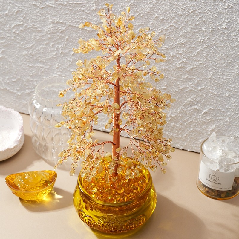 天然黄水晶聚宝盆水晶发财树摆件入户玄关酒柜装饰乔迁新居工艺品