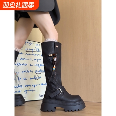 6CM增高串珠长靴女2025秋冬季新款高筒骑士靴子高跟鞋子黑色棕色