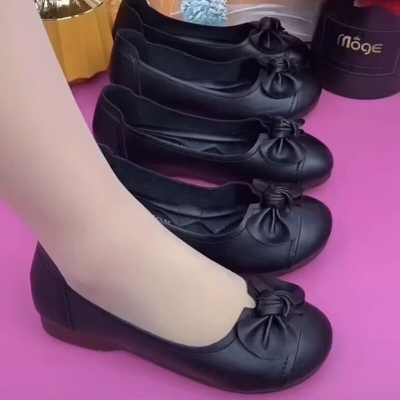 女鞋断码清仓新款百搭坡跟软皮软底浅口圆头平底鞋单鞋妈妈鞋粗跟图片