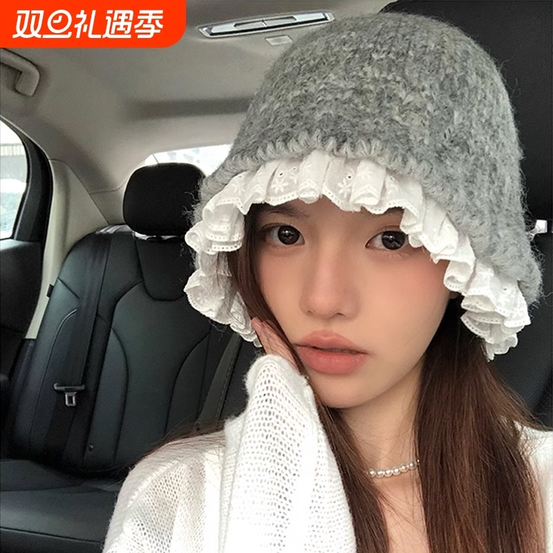 韩系蕾丝花边针织渔夫帽子女秋冬季保暖百搭显脸小毛线盆帽潮拍照