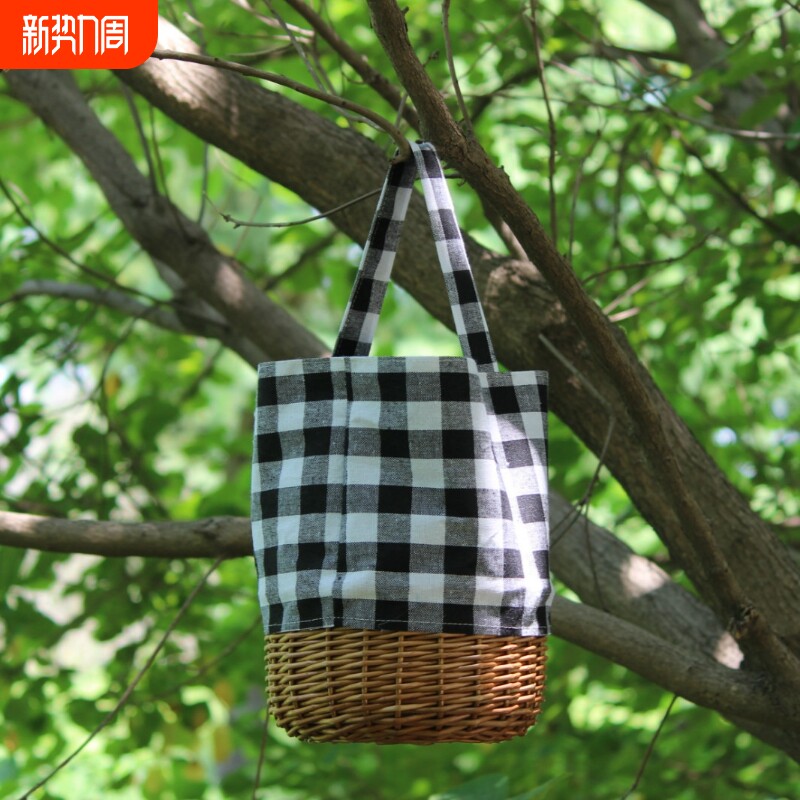 一件包邮新款草编包麻布拼接包藤编包手提帆布袋子编织包女包夏