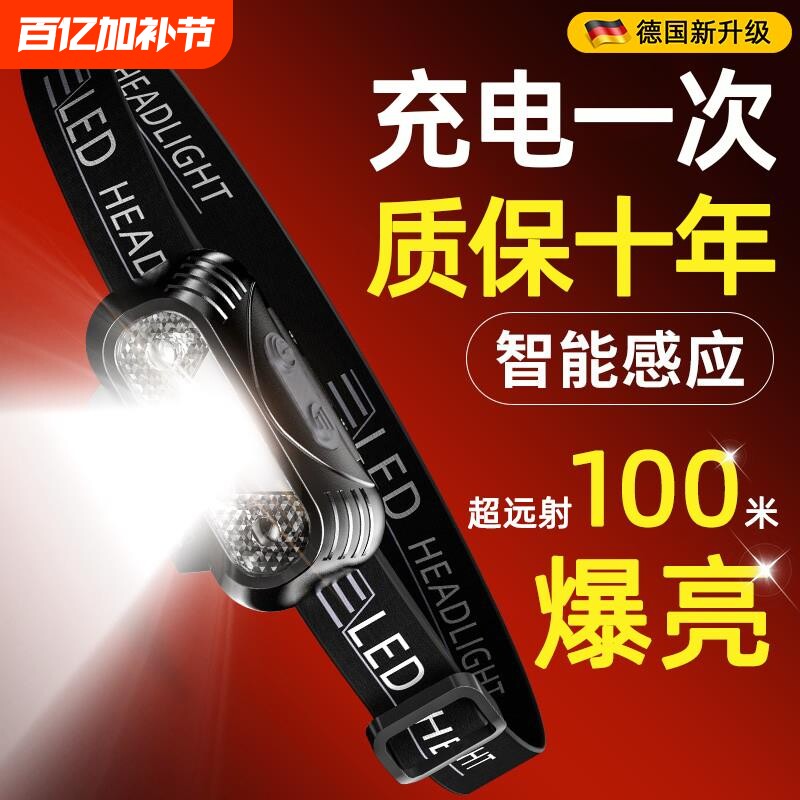 夜钓头戴式头灯2026新款强光超亮超长续航100小时钓鱼专用手电筒
