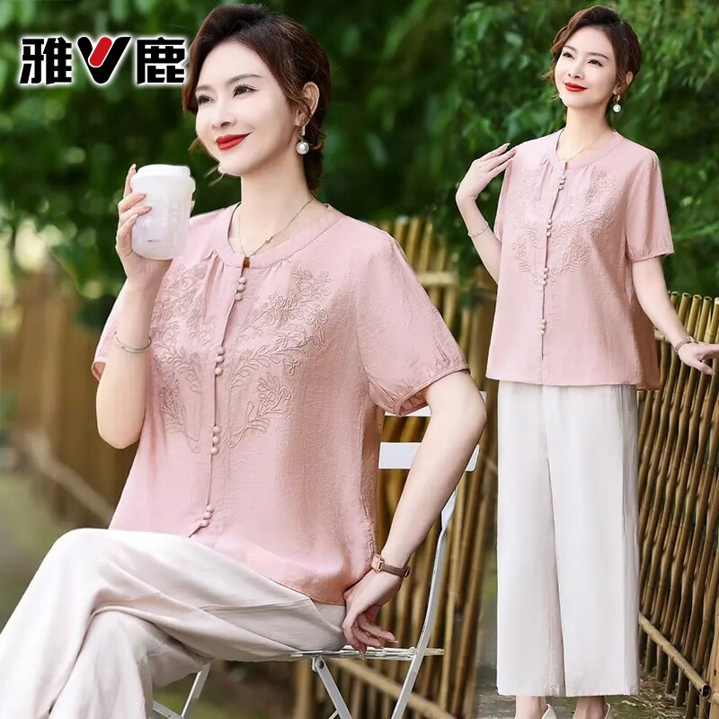 雅鹿妈妈夏季洋气国风短袖女夏装时尚中老年新中式上衣大码开衫薄