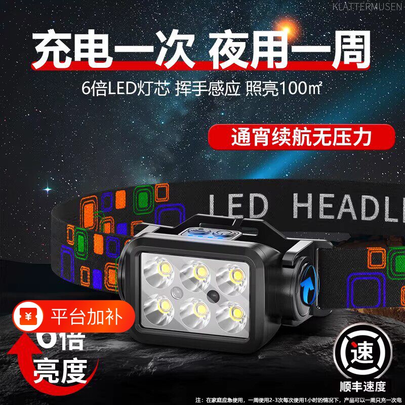 2026新款头灯头戴式强光充电超亮感应夜钓鱼专用超长续航登山照明